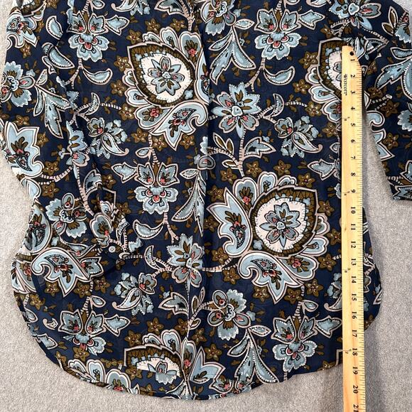 Loft Floral Paisley Peasant Sheer Tunic Blouse Women's small Navy/Brown V-Neck - Picture 5 of 9